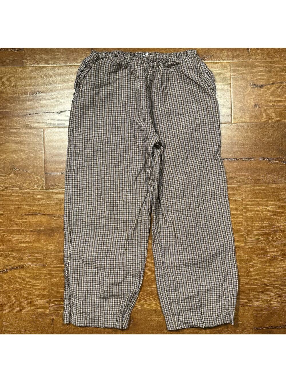 Deiji Studios Cropped Pants Womens M Purple Gray Brown Tartan Plaid 100% Linen